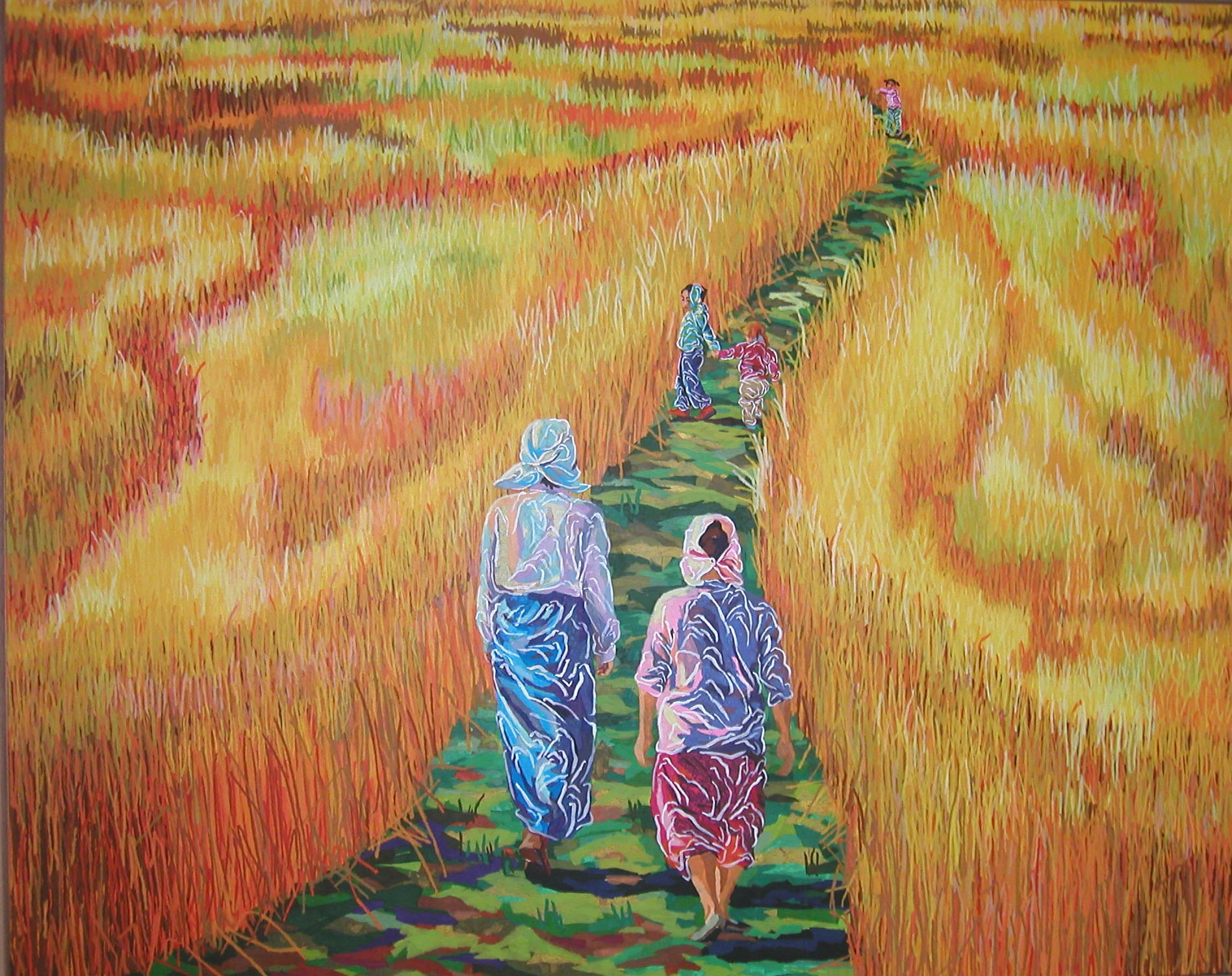 Der_Weg_ins_Reisfeld_2006_200_x_250_cm_Aryl_Aquarell_Papiercollage_Leinwand